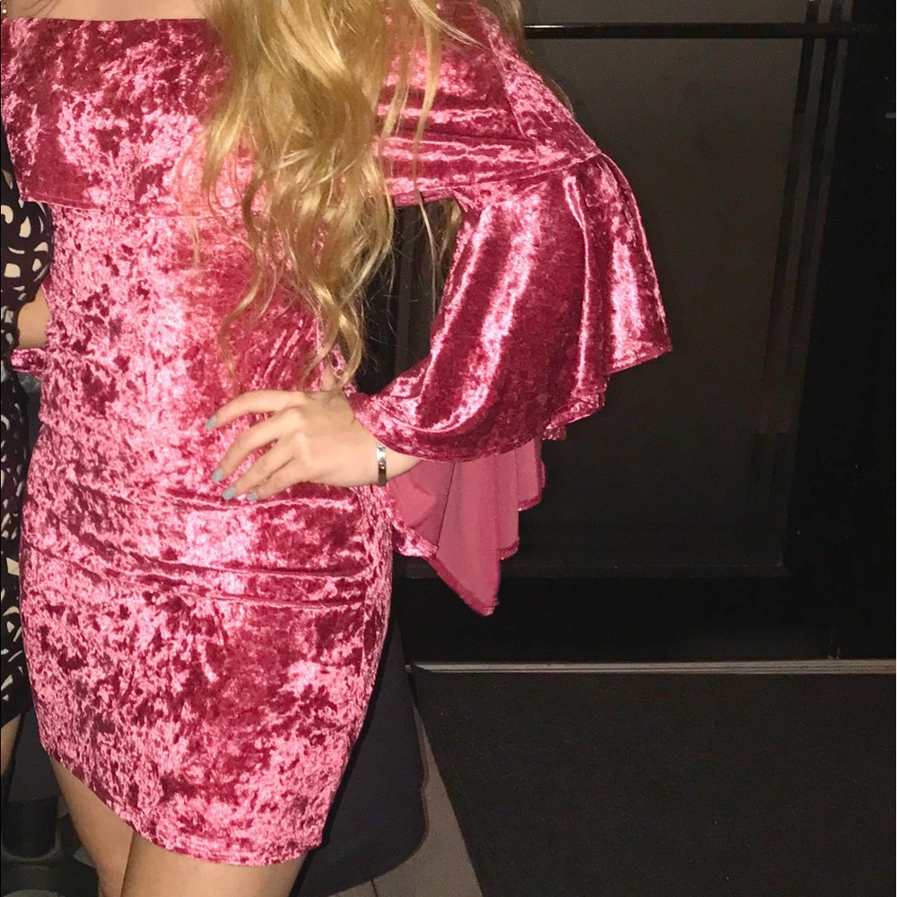 Pink crushed velvet bell sleeve dress
